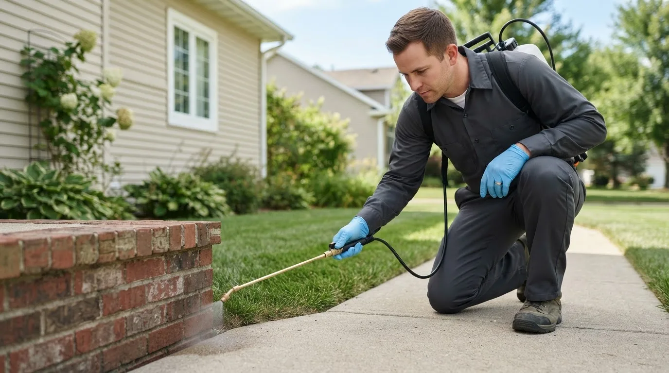 Pest control technician treating a home near Argos, IN